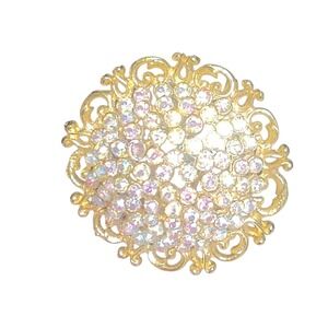 Vintage Weiss Gold Tone Aurora Borealis Rhinestone Domed Filigree Brooch Pendant